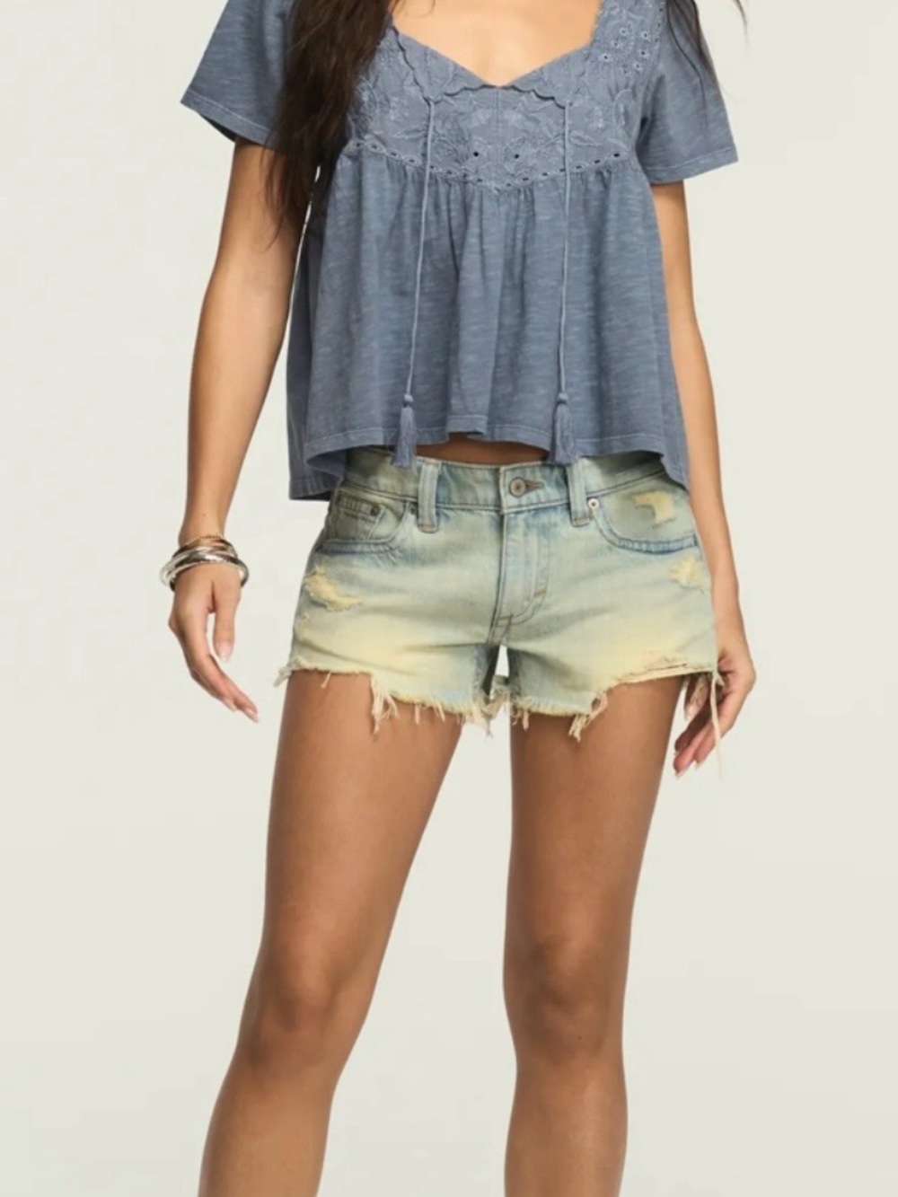 Lucky Brand Embroidered Yoke Tassle Top Grisaille Blue Size S - Picture 5 of 7